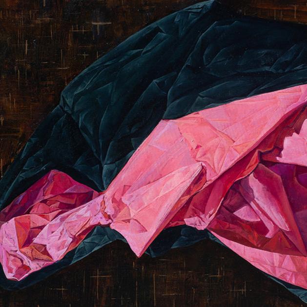 Close up view of artwork "Spring" by contemporary Ukrainian artist Polina Kuznetsova. Artistic depiction of a pink and black abstract form on a dark background