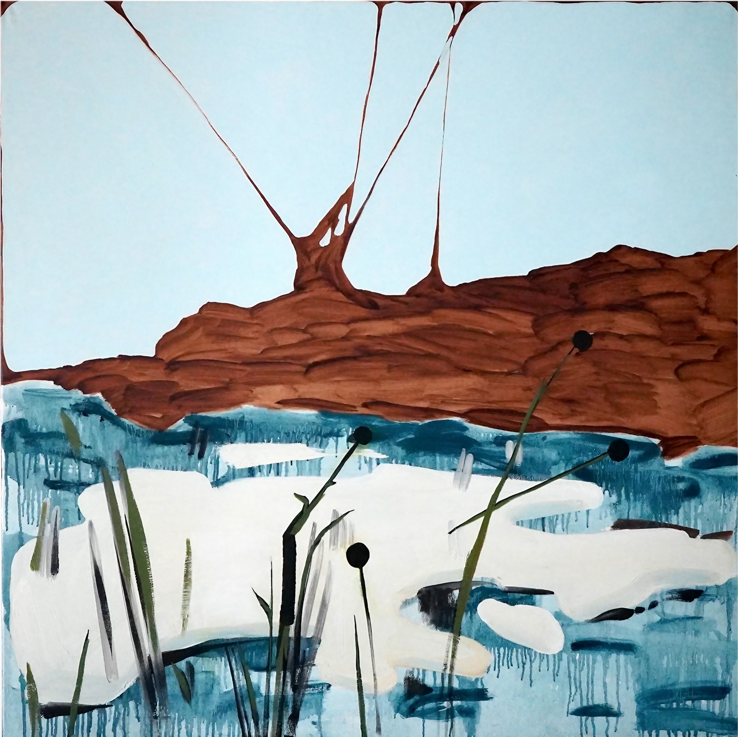 Artistic depiction of a tree trunk over water with floating leaves and plants.