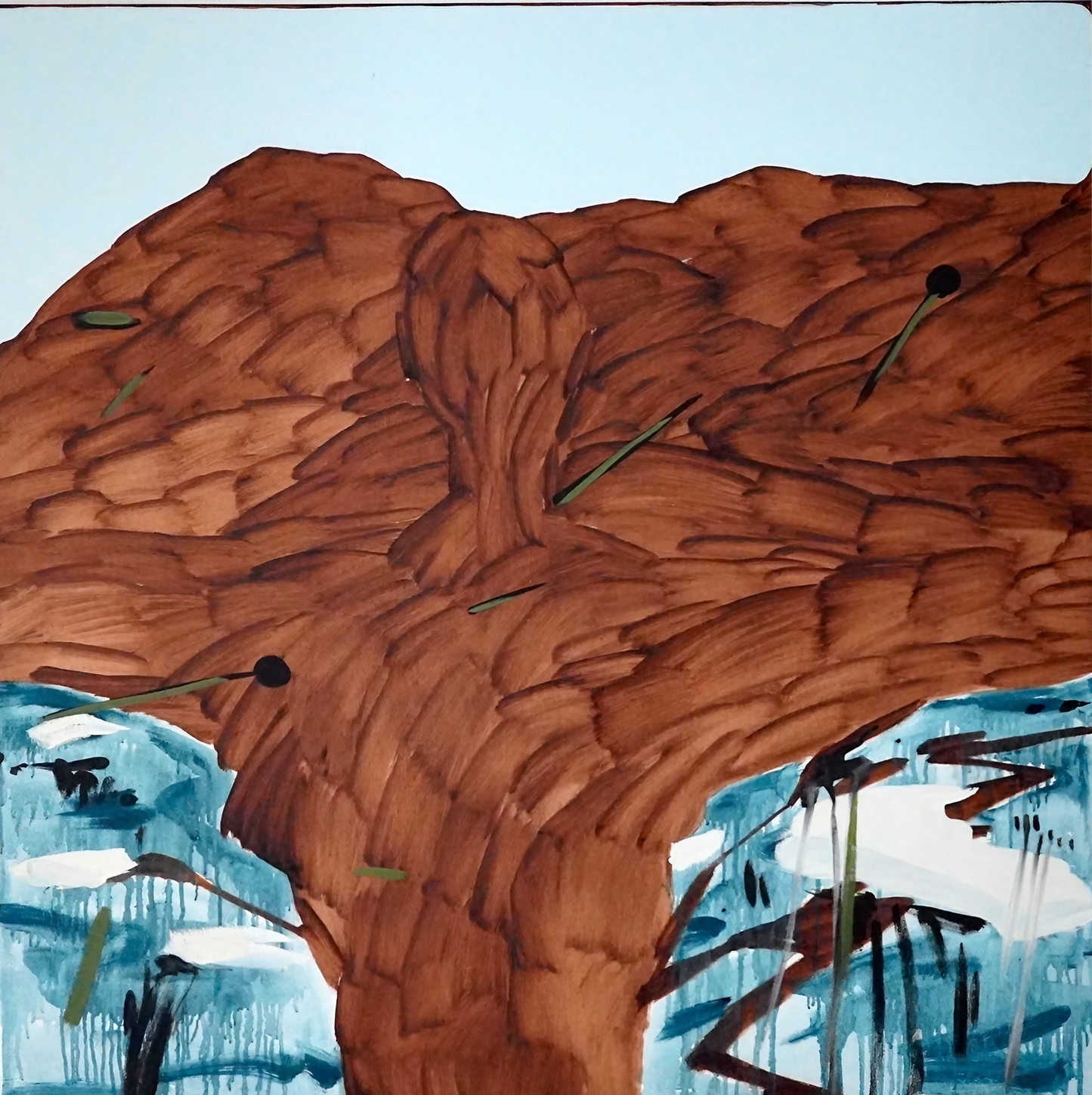 Abstract painting of a large brown tree with a blue background
