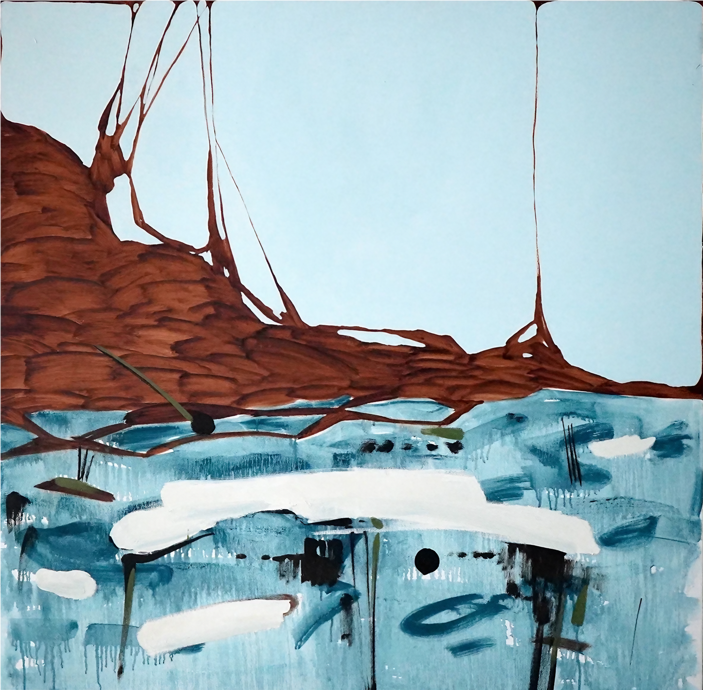 Abstract artwork with brown tree-like structure and blue water reflections