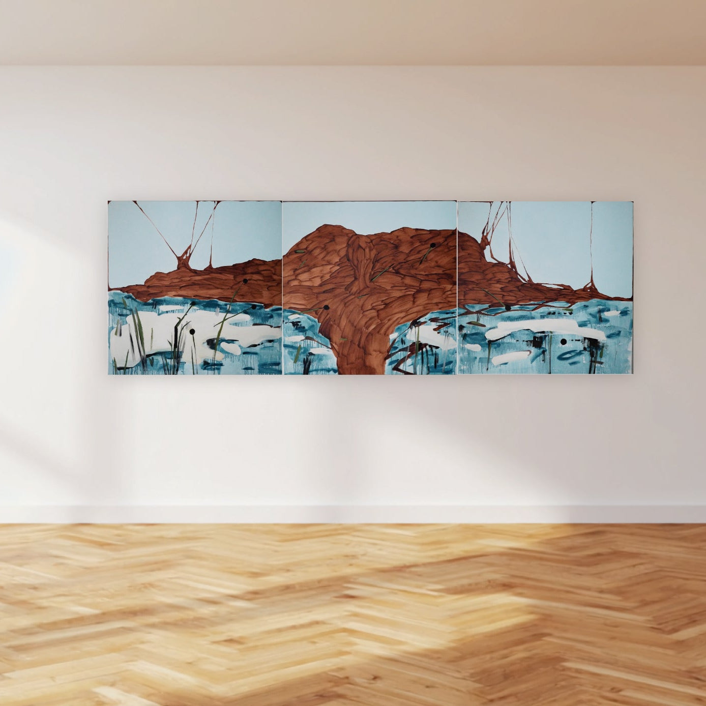Panoramic abstract artwork on a wall with wooden floor.