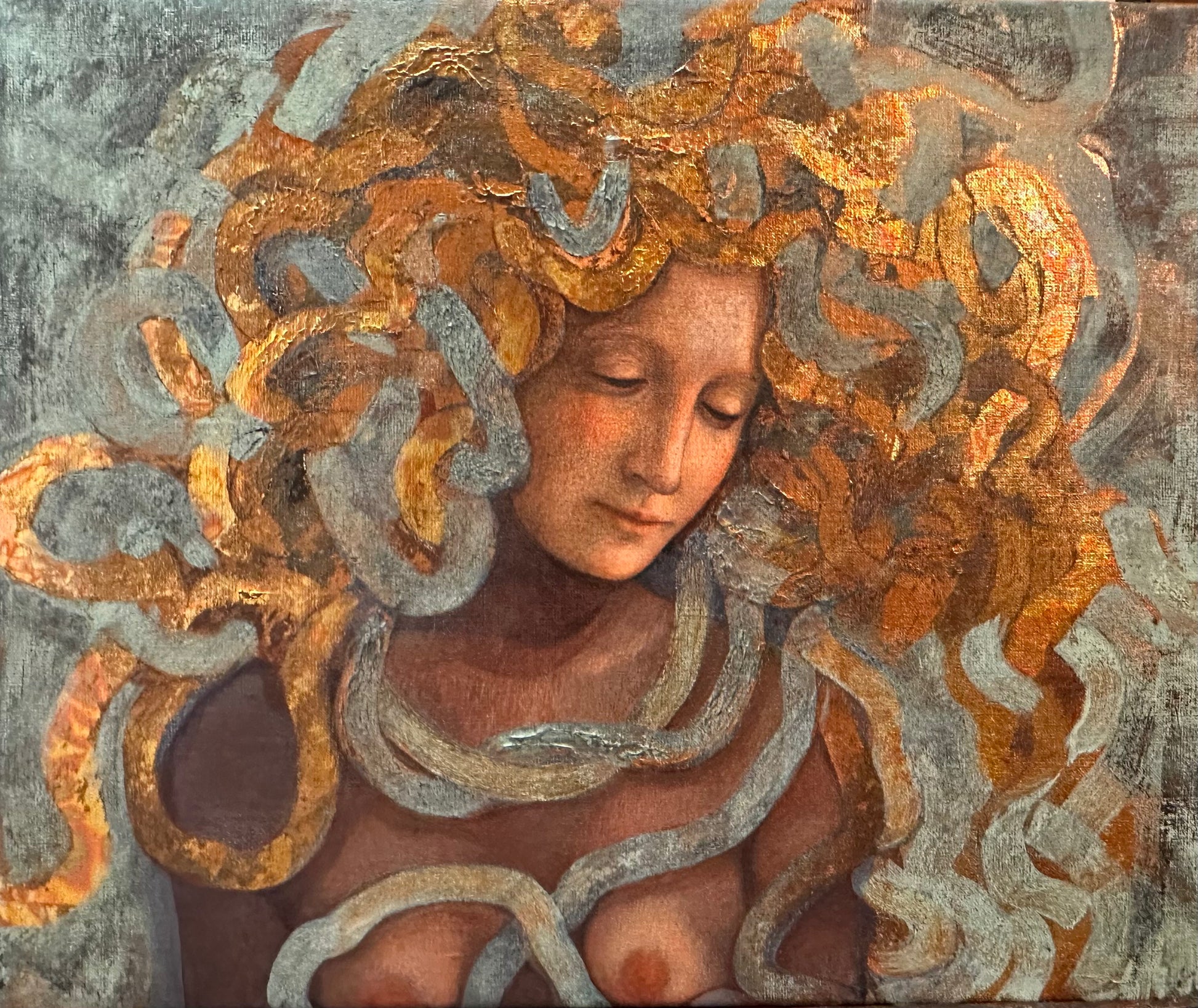 Artistic depiction of a woman with intricate, swirling patterns around her head and neck.