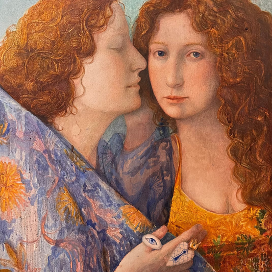 Artistic depiction of two figures with detailed clothing and a decorative object.