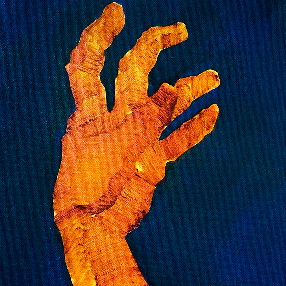 The Wire,  artwork human hand on blue by-contemporary Ukrainian artist Anna Bondar, closeup 1