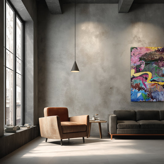 Modern living room with a brown armchair, gray sofa, and colorful abstract painting on a concrete wall.